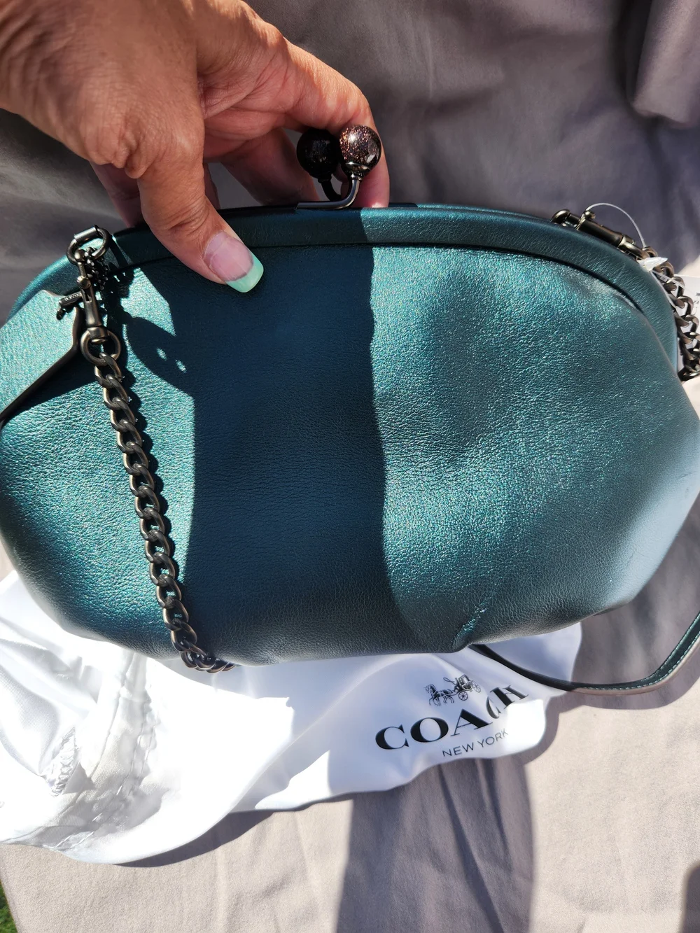 Coach Teal Metallic Leather Kiss-Lock Clutch - Picture 13 of 16